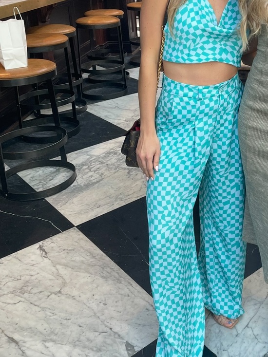 RESA Pants - RESA High-Waist Turquoise Check Wide-Leg trouser pant set